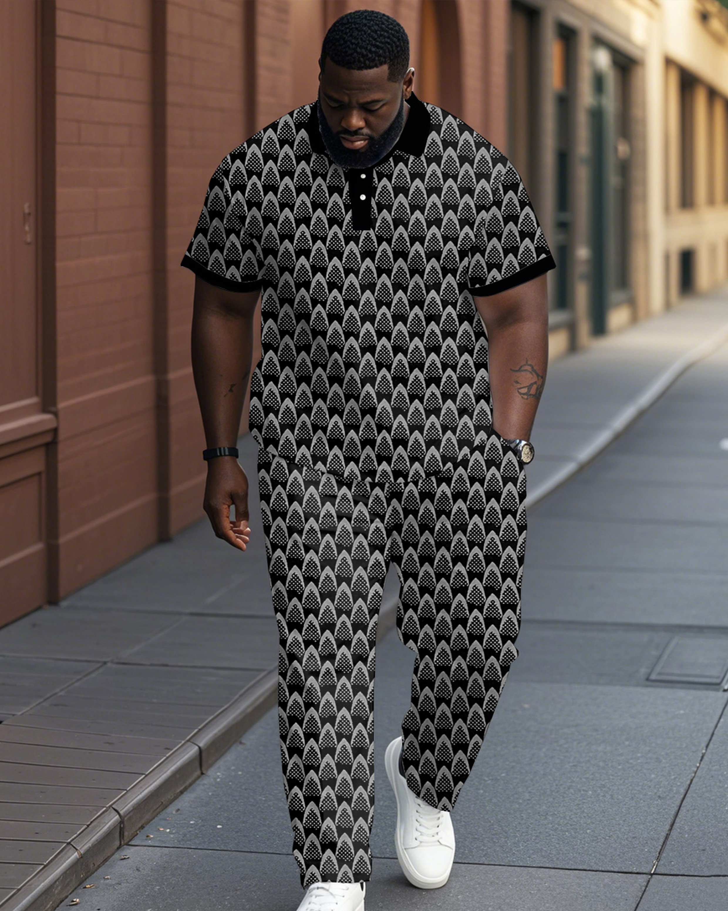 High-grade Pattern Dot Jacquard Polo Shirt Trousers Suit Men's Plus Size