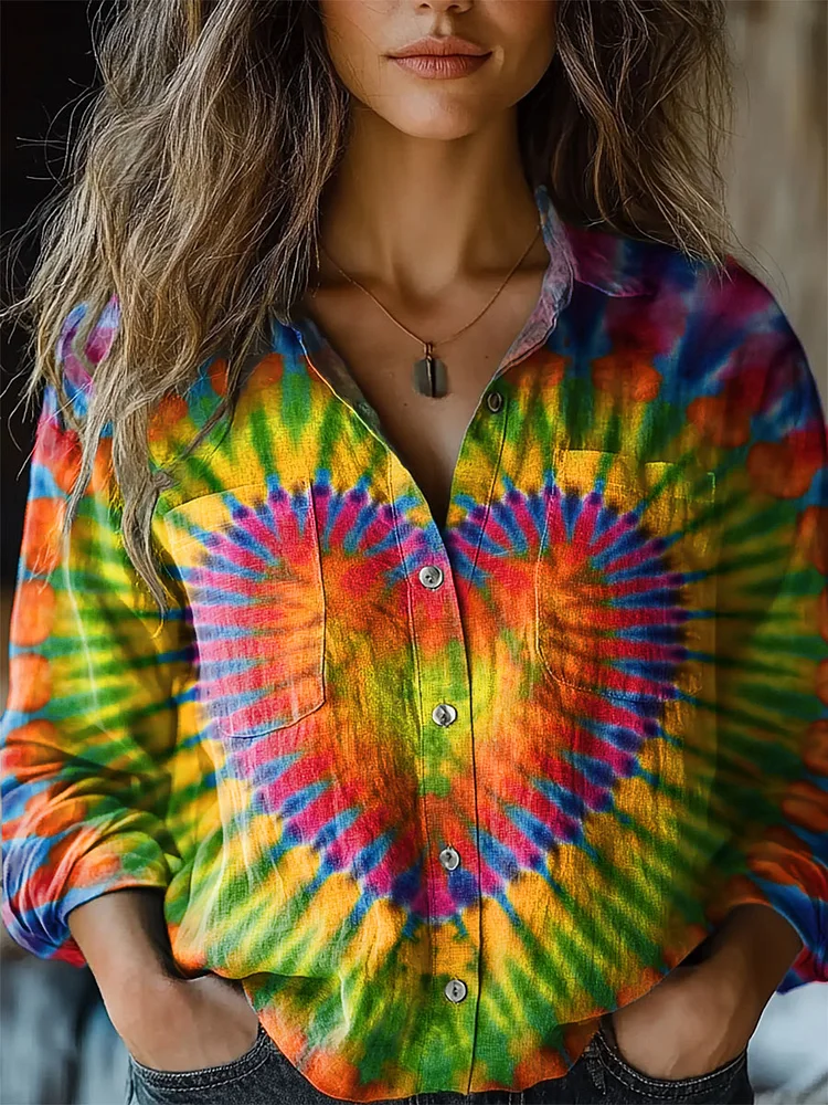 Women's Retro Tie Dye Love Heart Print Casual Long Sleeve Comfortable Cotton Shirt