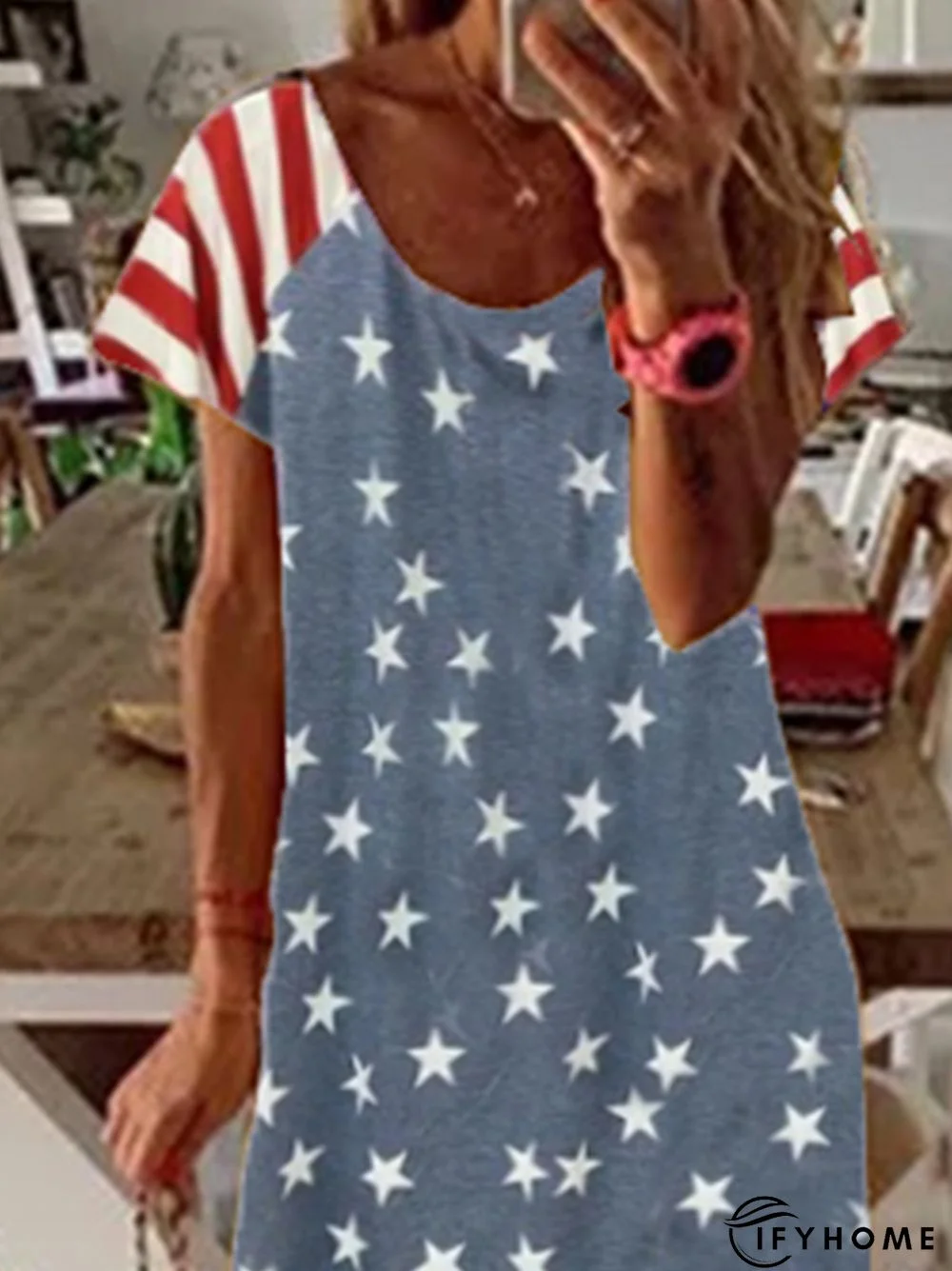 New Women Chic Vintage Boho Hippie Holiday Star Shift Short Sleeve Casual Knitting Dress | IFYHOME