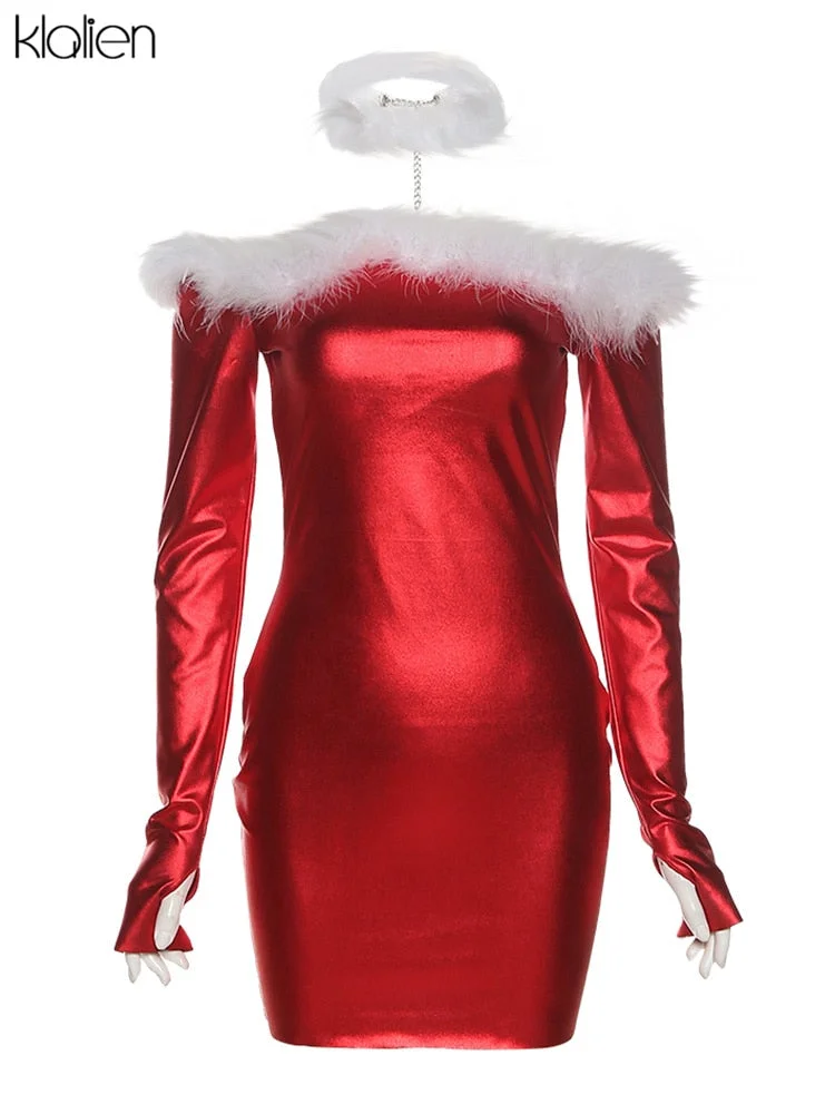 KLALIEN Autumn Fashion Sexy Slash Neck Halter Off Shoulder Mini Bodycon Dresses For Women 2022 New Christmas Party Club Dresses