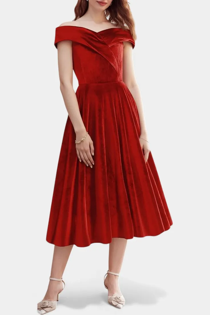 Off-Shoulder Velvet Midi Dress with Pleated Skirt