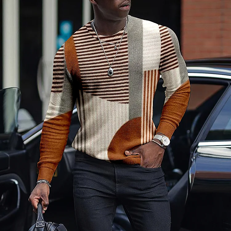 Long Sleeve Fashion Contrast Color Round Neck Men's Top