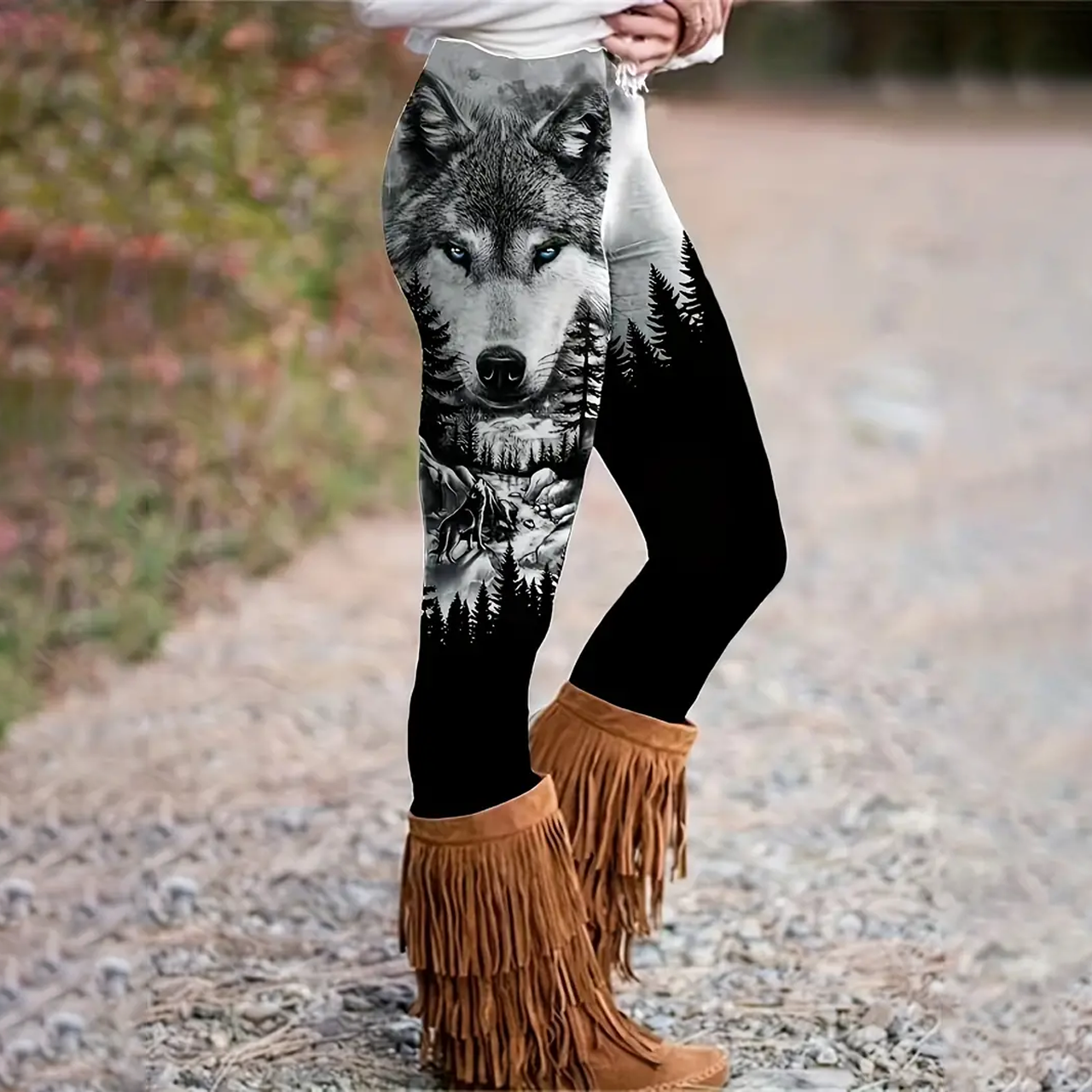 All-Season Comfort-Fit Women's Wolf & Forest Print Skinny Leggings - Elastic, Stretchy And Durable