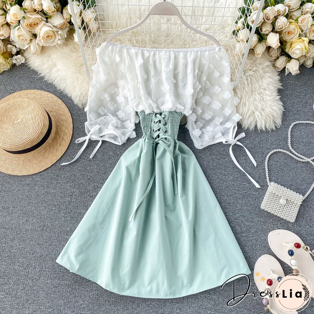 Sexy Off Shoulder Patchwork Summer Short Dress Party Flower Chiffon Slim Waist Lace Up Women Casual A-Line Beach Dress