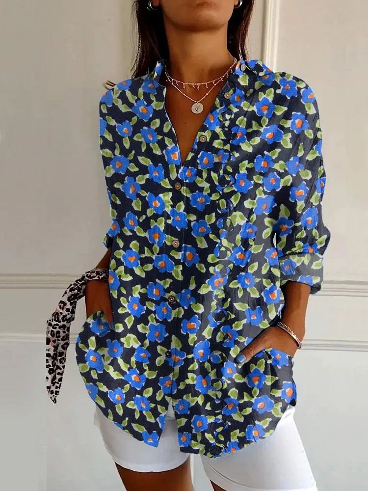 Vintage Blue Floral Art Print Long Sleeve Shirt