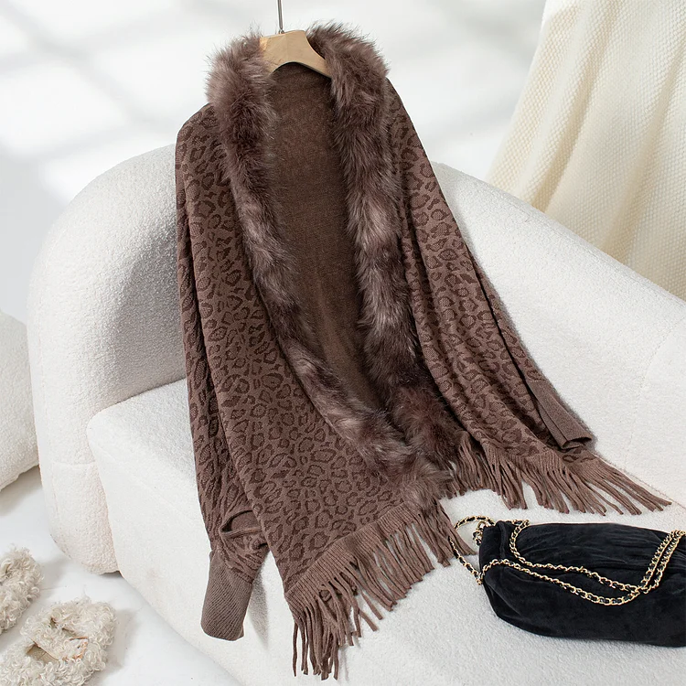 Women's Leopard Print Shawl Poncho Cardigan Open Front Fur Collar Tassel Poncho