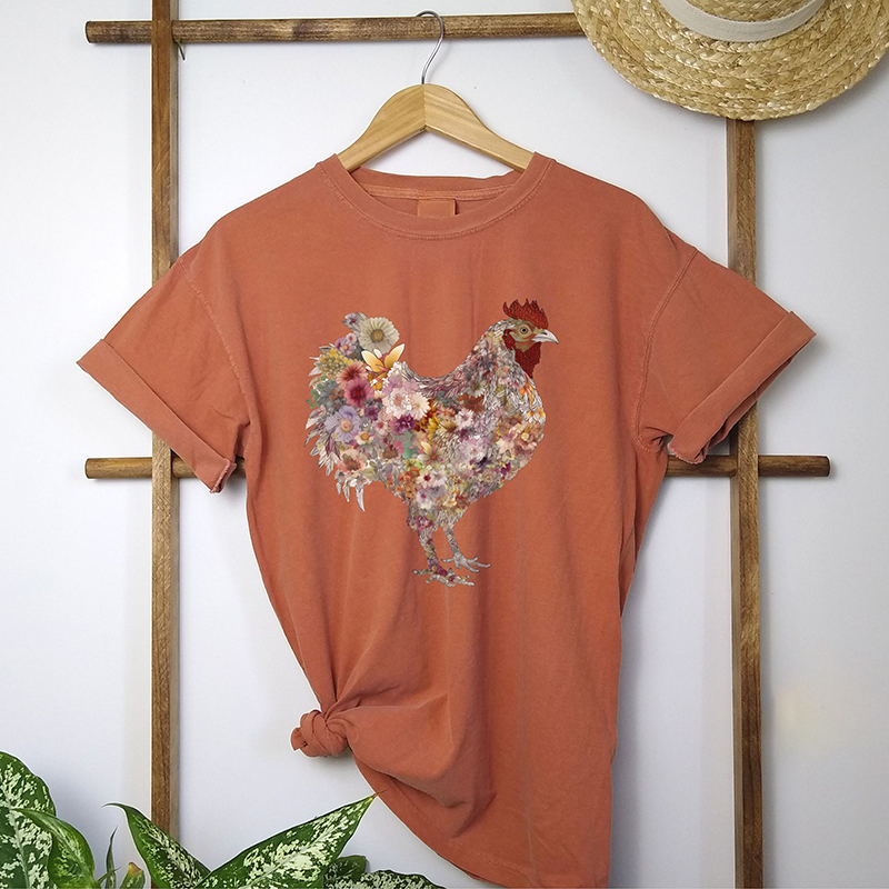 Comstylish Women's Retro Floral Chicken Farmer Casual T-Shirt