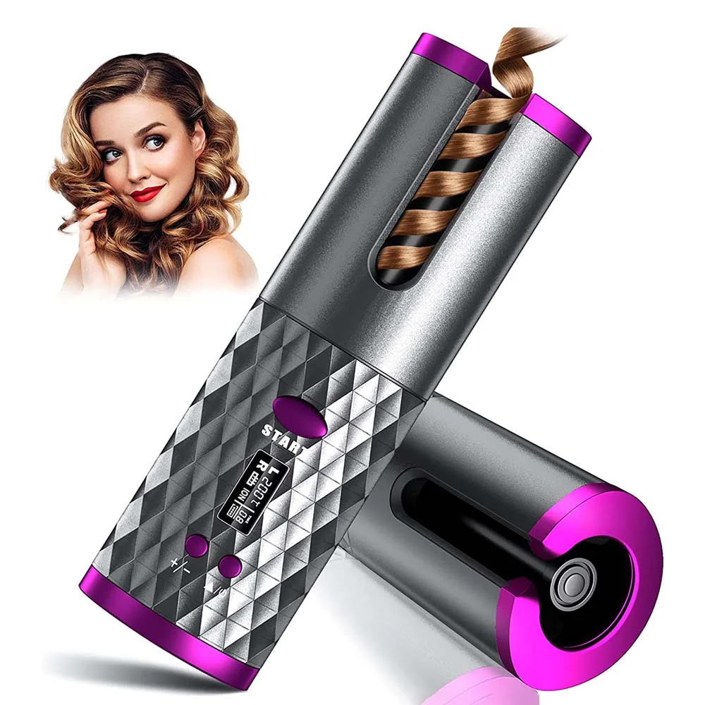 Automatic Rotating Curling Iron, Cordless Hair Curler with 6 Temps Portable Rechargeable Ceramic Barrel Wave Wand Curling Iron