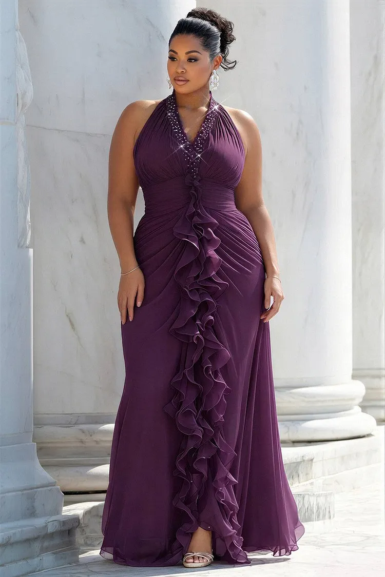 Xpluswear Design Plus Size Formal Black Halter Collar Drilling Ruffle Chiffon Maxi Dresses [Pre-Order] 2024 - Xpluswear