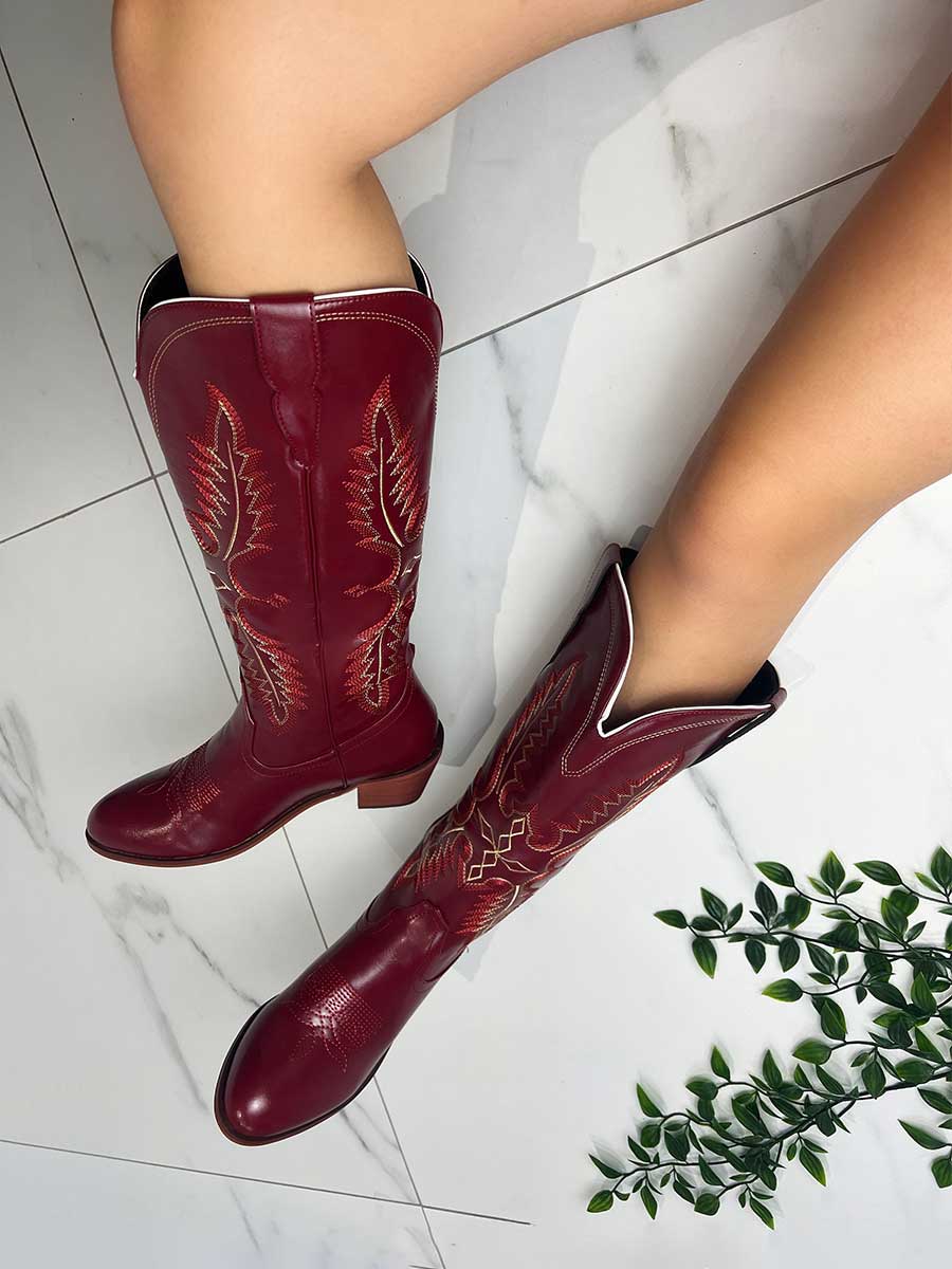 Maroon Embroidered Block Heel Wide Calf Knee High Cowgirl Boots 