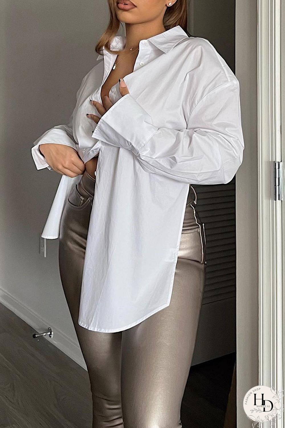 Black Casual Solid Frenulum Backless Asymmetrical Shirt Collar Tops