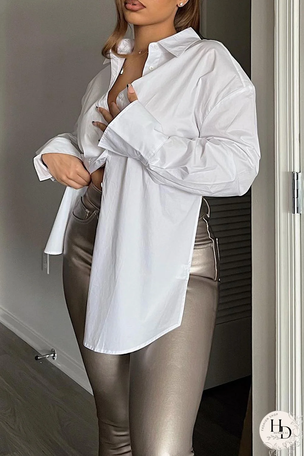 Black Casual Solid Frenulum Backless Asymmetrical Shirt Collar Tops