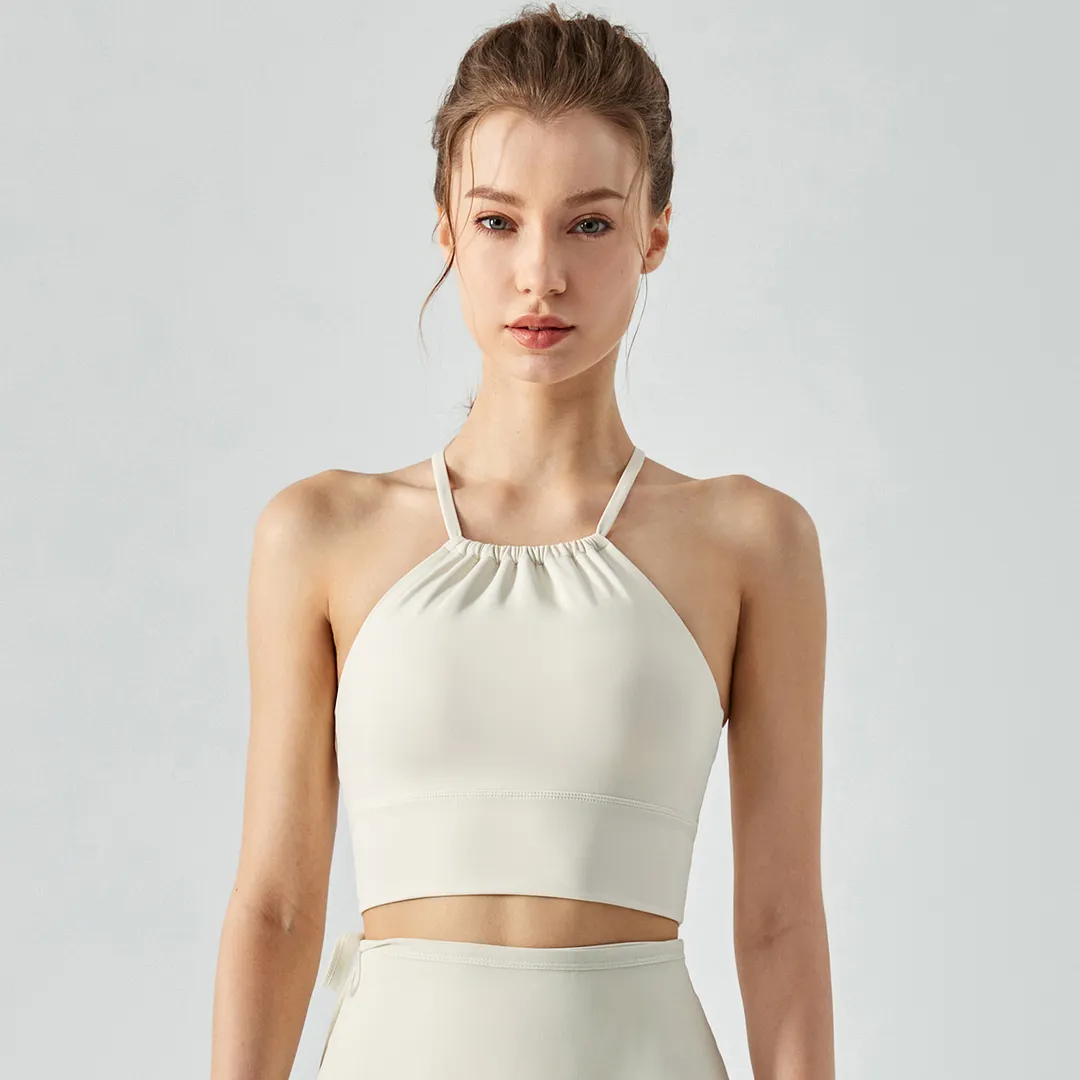 Buy widened hem front collar scrunch padded halter strap cross back sports bra of high quality on Hergymclothing Ivory White