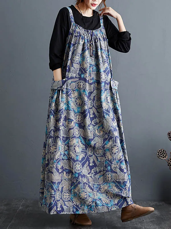 Artistic Retro Loose Ramie Cotton Striped Multi-Colored Round-Neck Long Sleeves Midi Dress