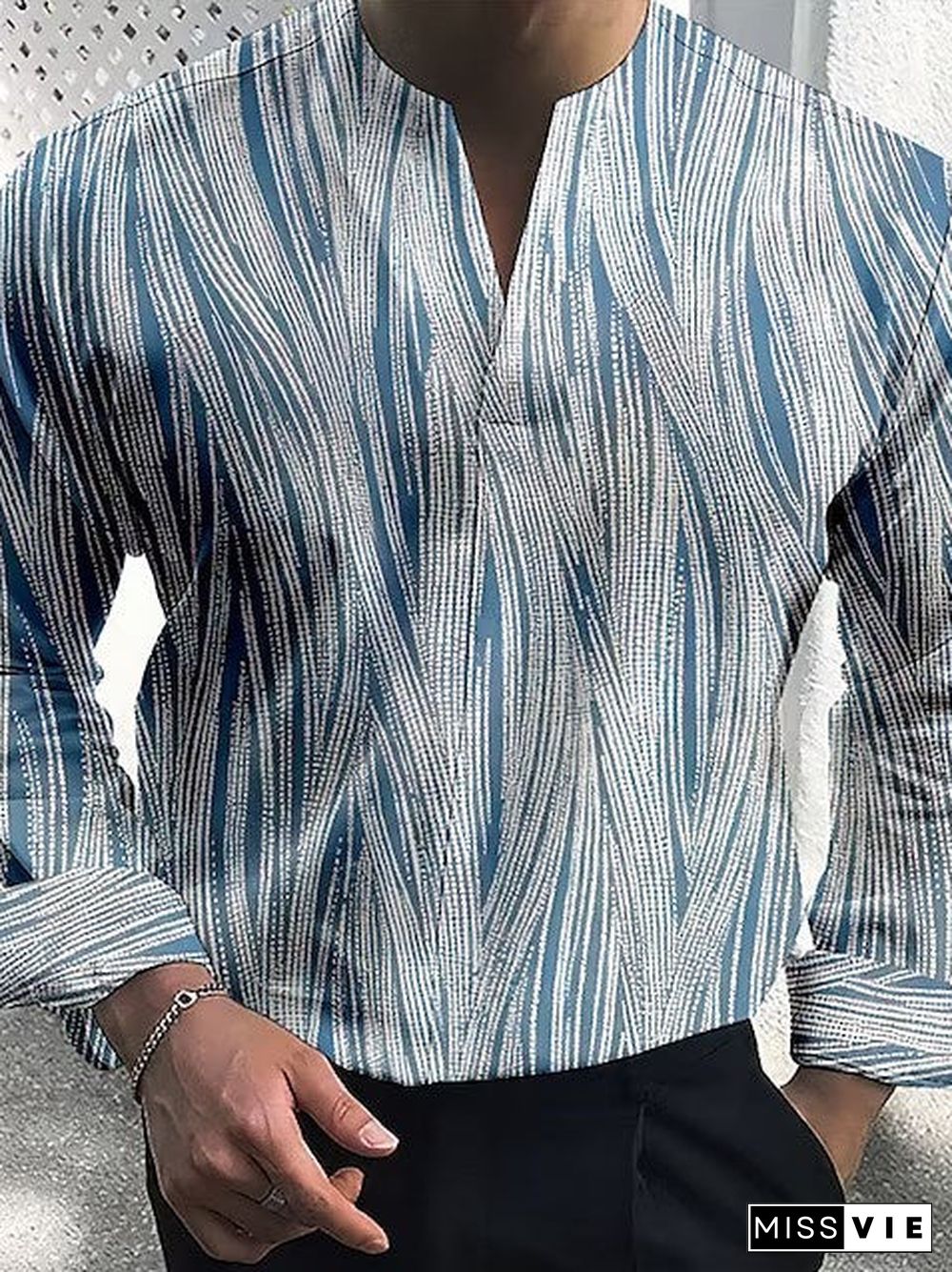 Men Long Sleeve V-neck Striped Printed Shirts