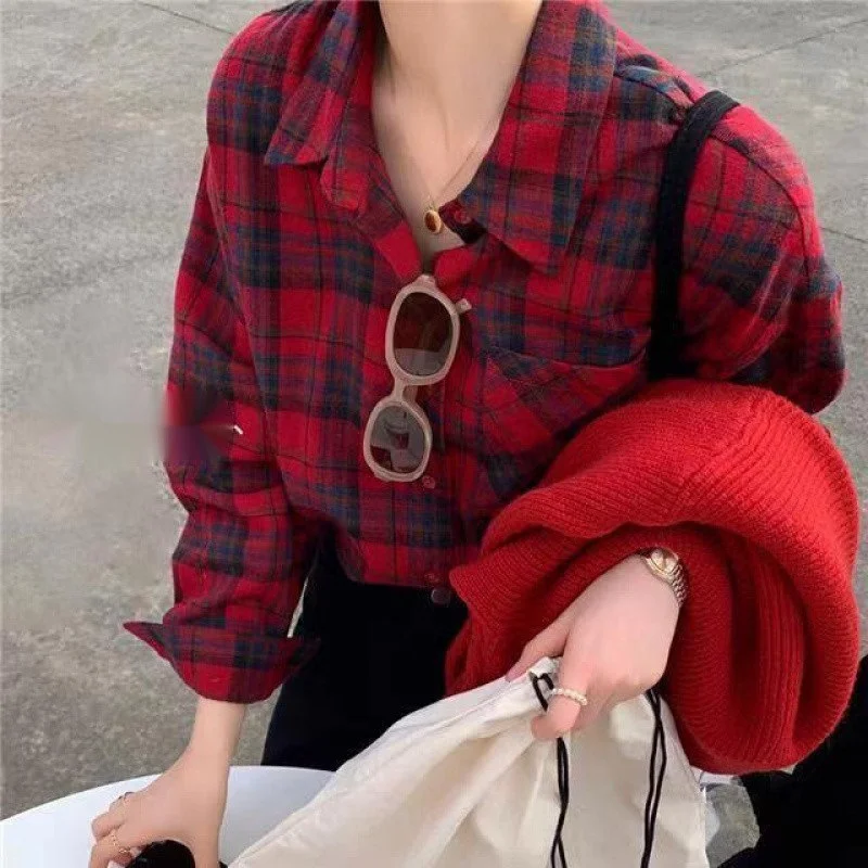 Athvotar Athvotar Red Plaid Shirt Coat Woman 2025 Spring And Autumn Lazy Wind Loose Shirt Casual Design Sense