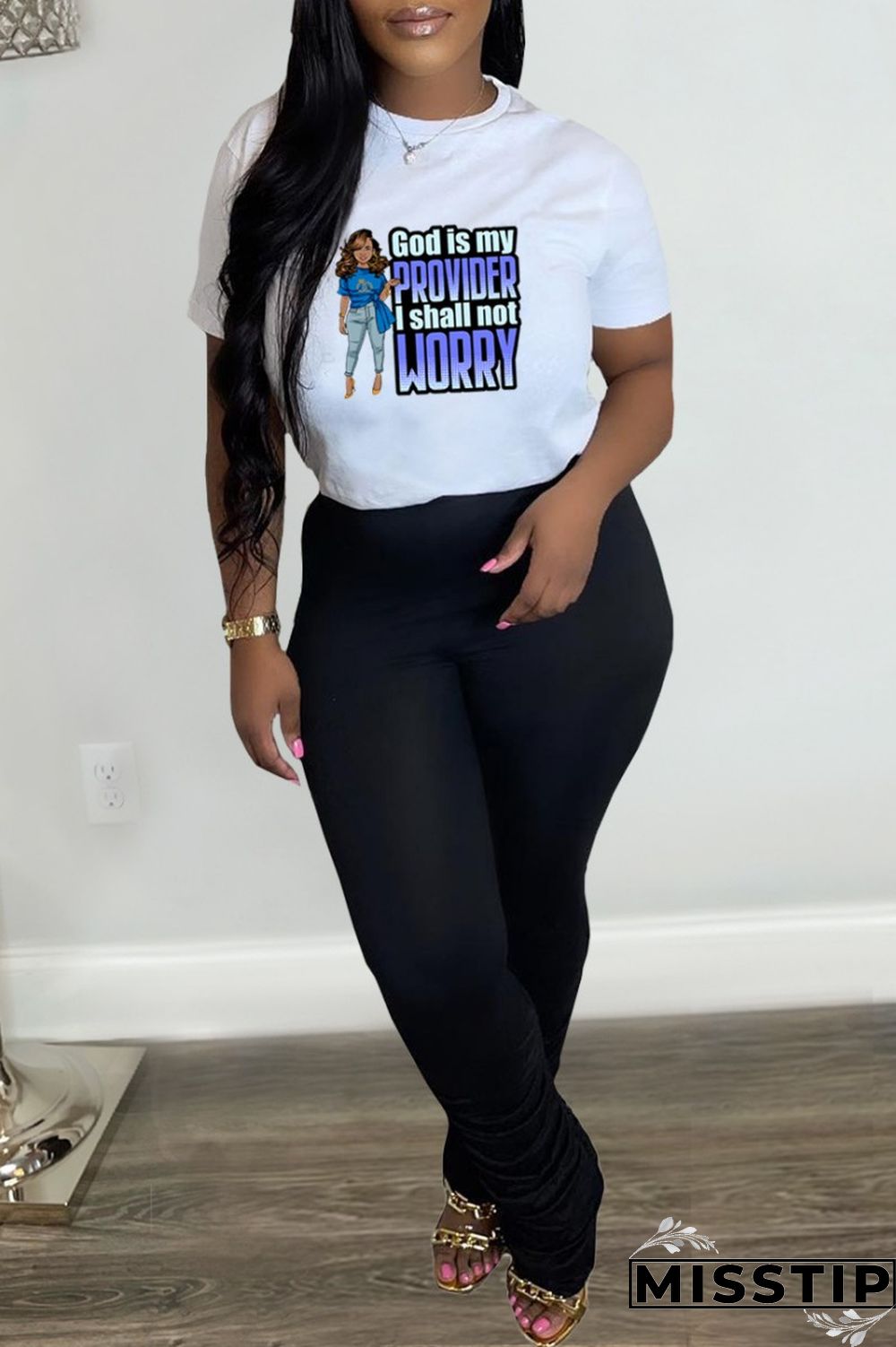 White Casual Print Basic O Neck T-Shirts