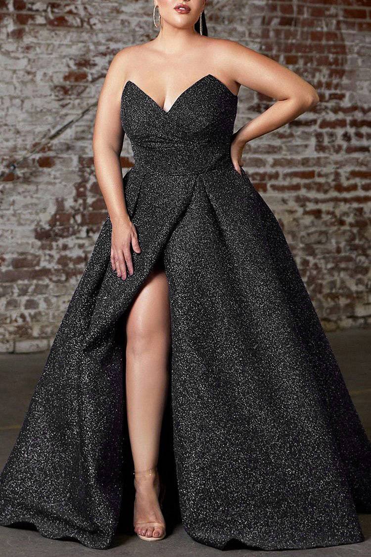 Plus Size Formal Black Sequin Strapless High Split Maxi Dress [Pre-Order]