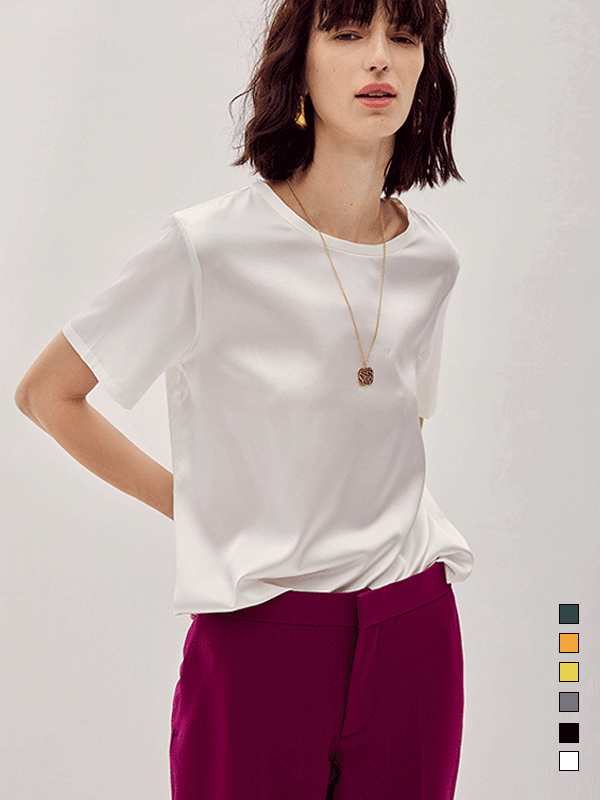 Basic Casual Round Neck Silk Tee Multi Colors Selected REAL SILK LIFE
