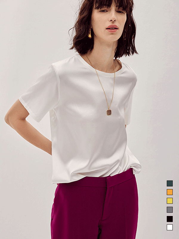 Basic Casual Round Neck Silk Tee Multi Colors Selected-Real Silk Life