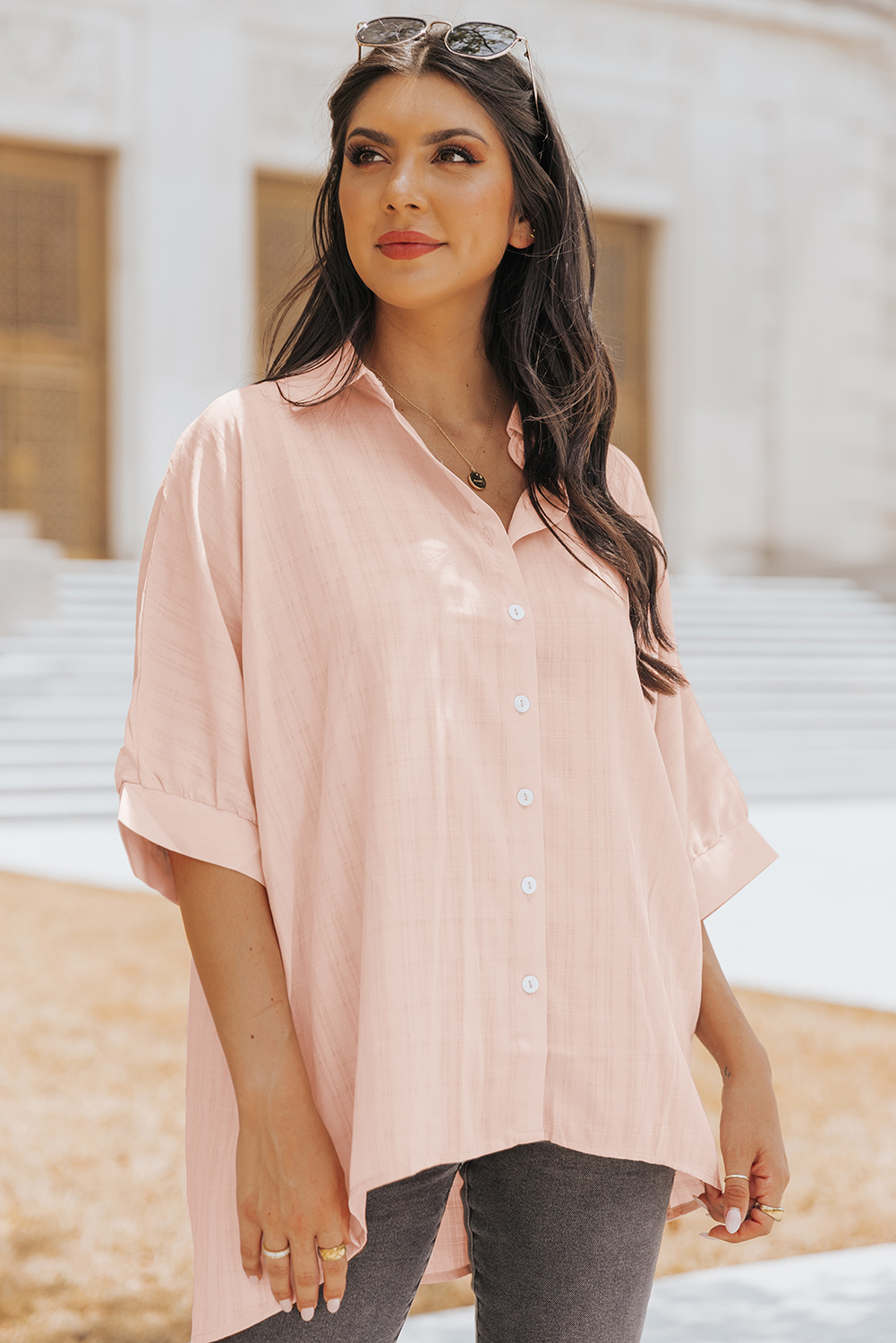 Pink Button Front Dolman Sleeves Shirt