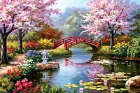 Cherry Tree Bridge River Flowers - Diamond Painting