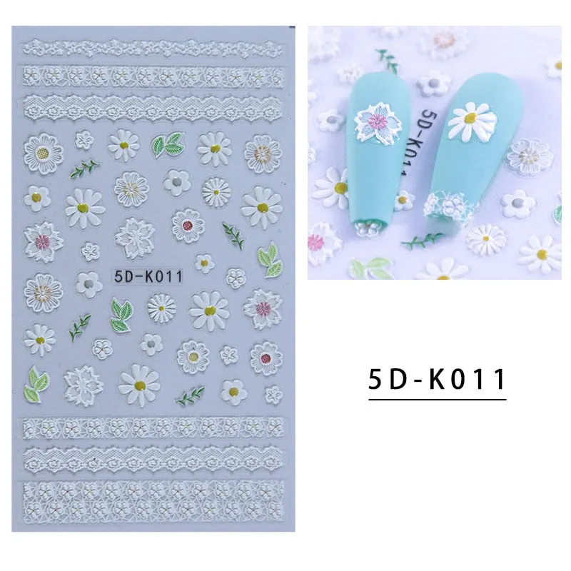 5D Butterfly Nail Sticker Engraved White Flower Sliders Embossed Lace Wedding Nail Art Design Monogram Decals Manicure Tools-Nail Inspo