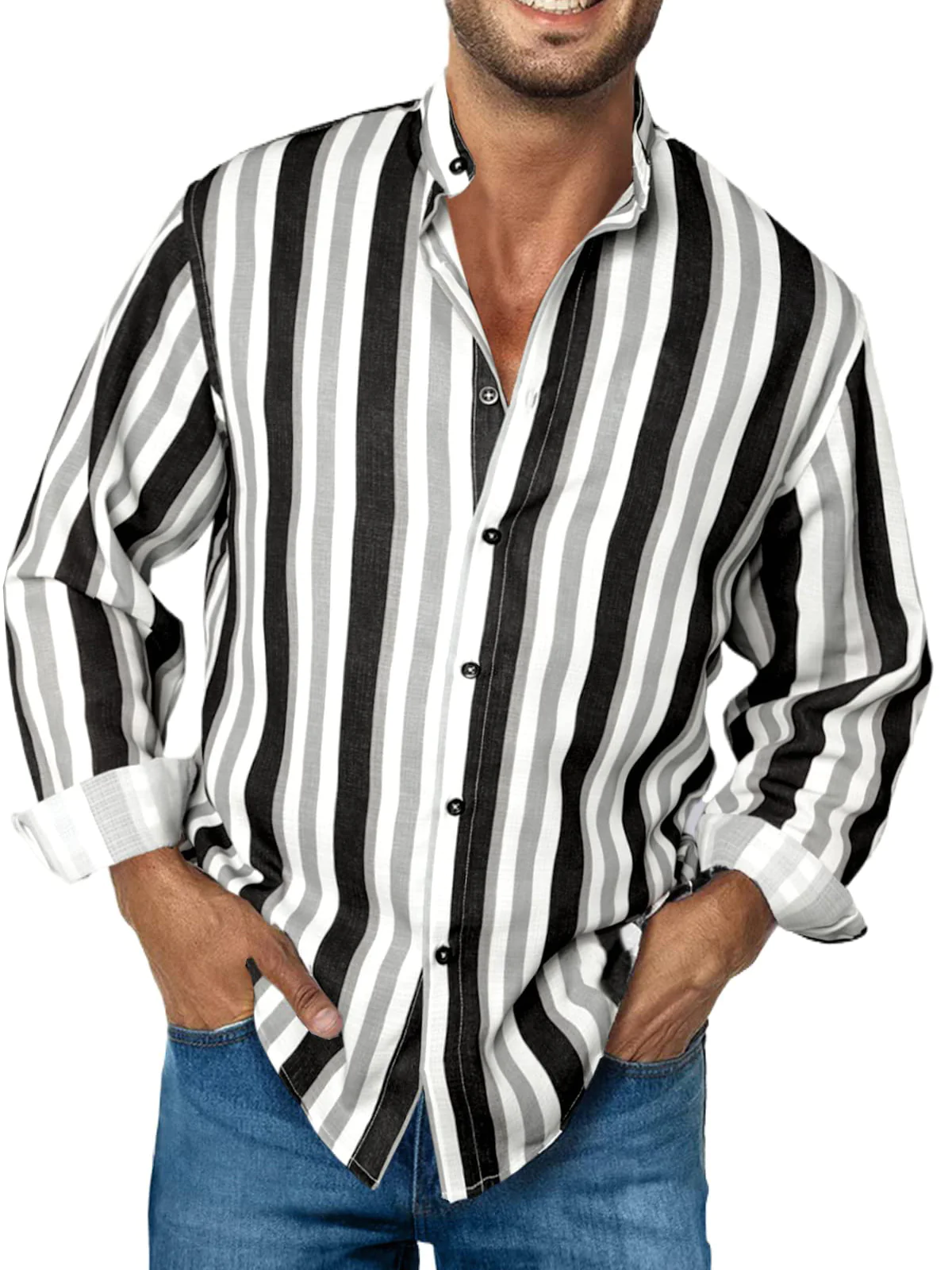 Men's Business Contrast Stripe Basic Long Sleeve Shirt PLUSCLOTHESMAN