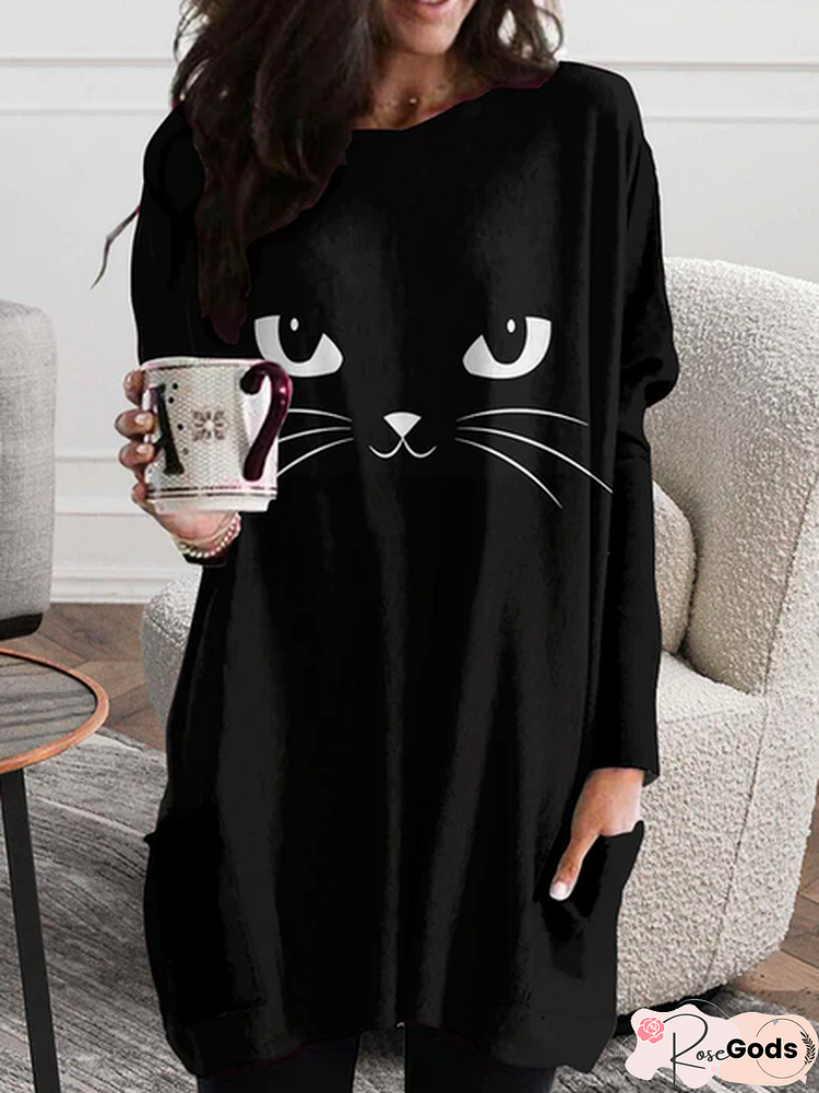 Casual Cat Autumn High Elasticity Daily Loose Long Sleeve Crew Neck Regular T-Shirt For Women