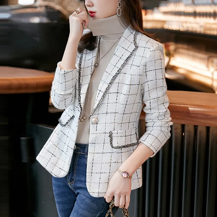 Tweed Casual Checkered/plaid Outerwear QueenFunky
