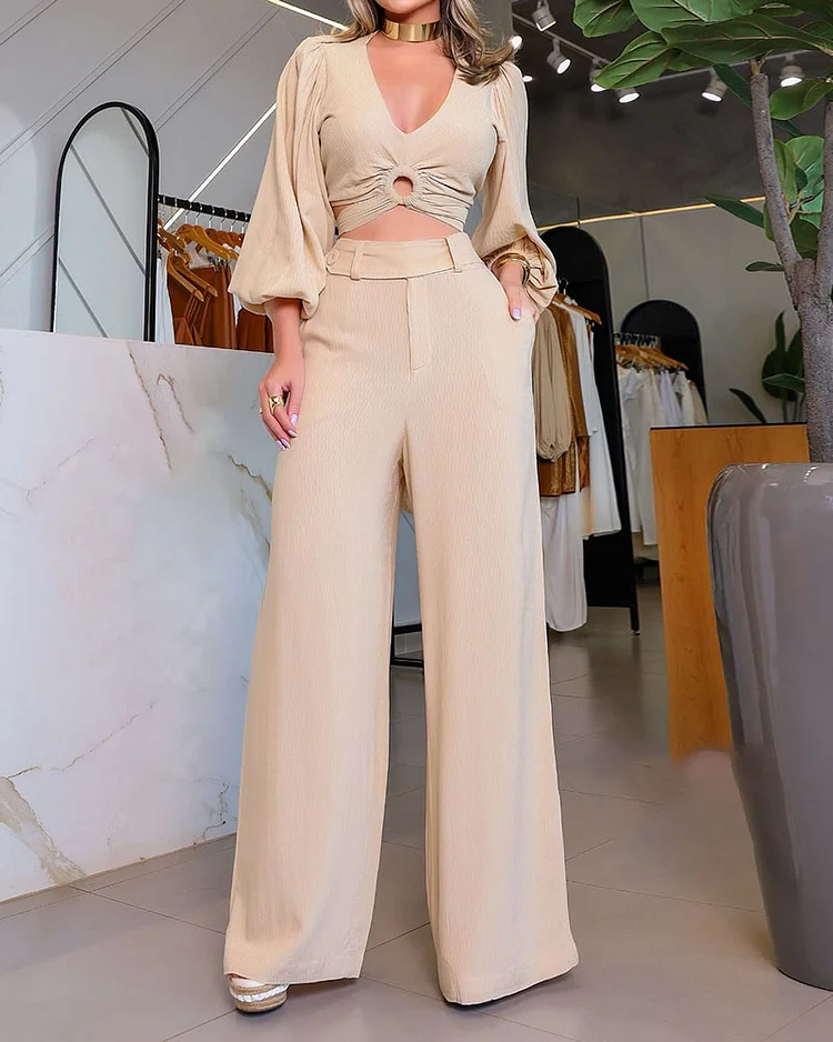 V-neck Strappy Top and Pants Two-piece Suit