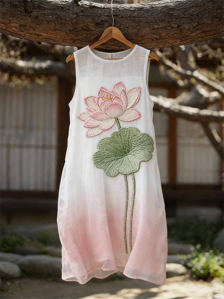 Classy Lotus Flowers Gradient Flowy Linen Tank Dress wearshes