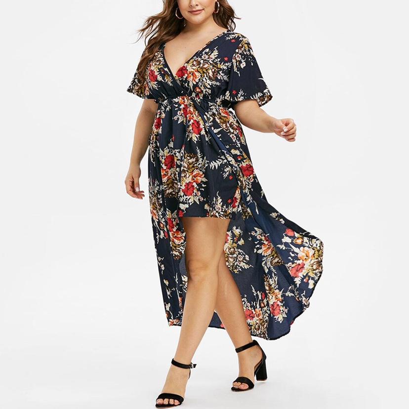  thdmladies Plus Size Floral Print Bell Sleeve High Low Maxi Dress thedmladies