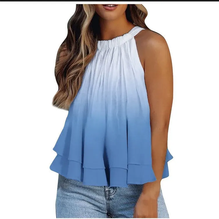 Brownm Print Round Neck Halter Sexy Sleeveless Blouses