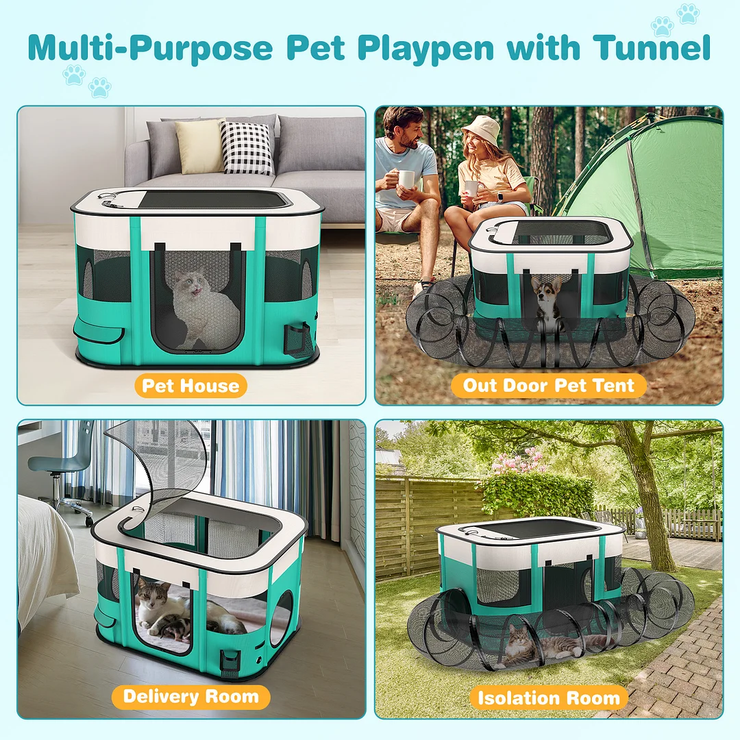 BEBANG Pet Playpen，Pet Pen with Crawling Tunnel- Portable Pet Enclosure for Dogs, Cats, Other Small Animals Travel Camping Use