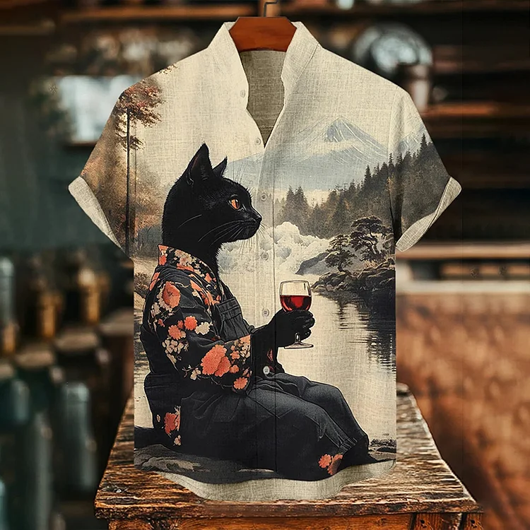 Men's Black Cat Drinks Red Wine Art Print Short Sleeve Shirt