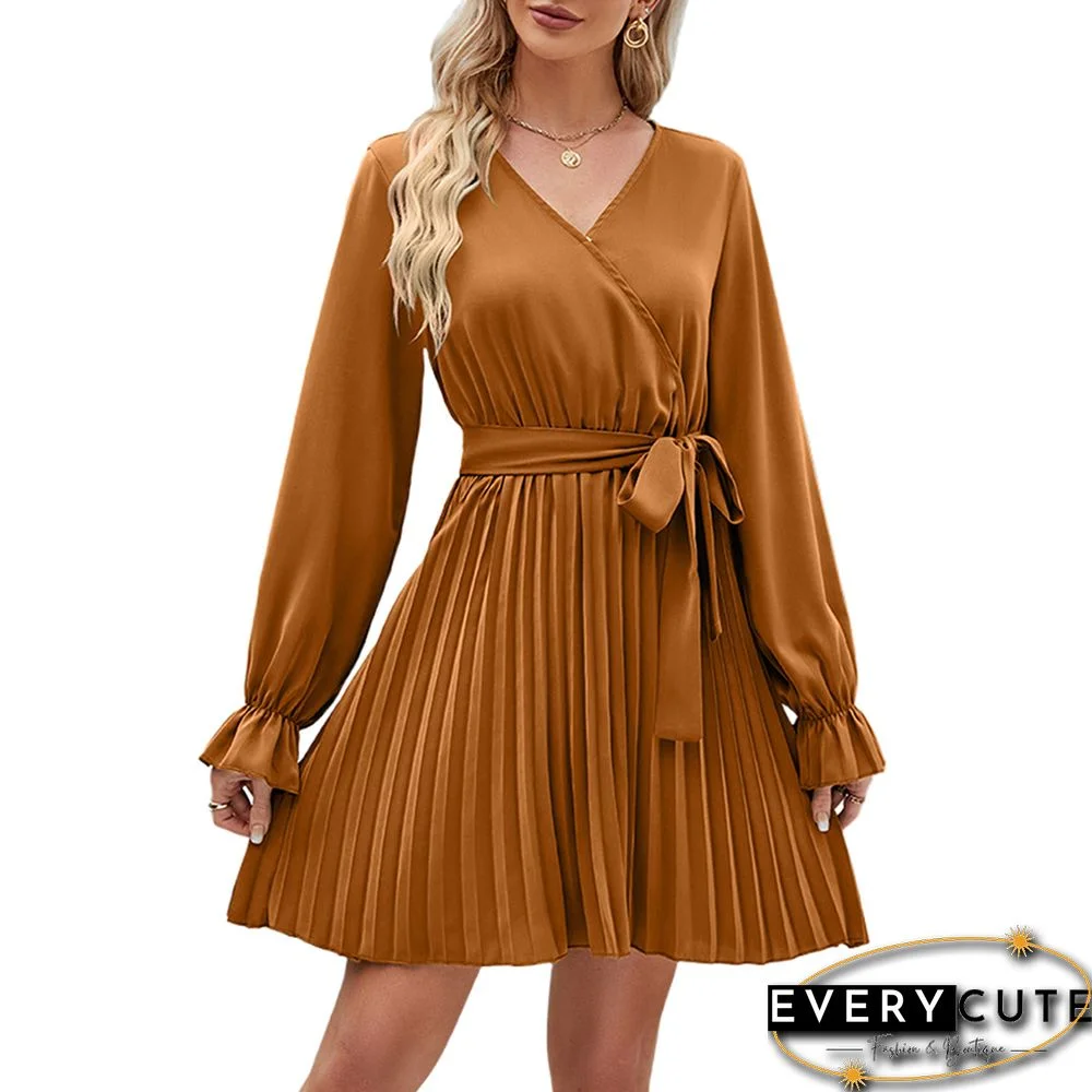 Ginger V Neck Long Sleeve Pleated Mini Dress with Belt
