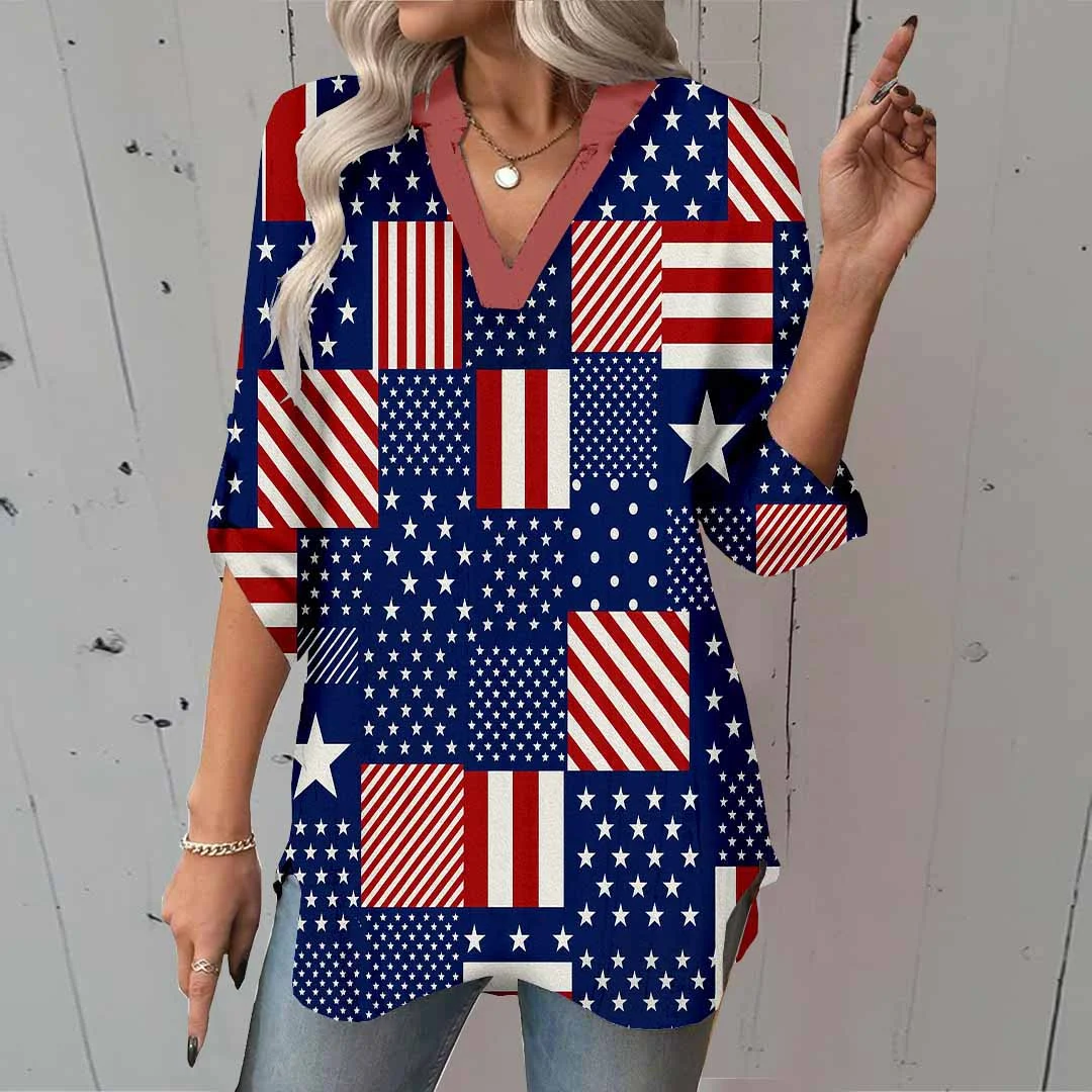 Women  Independence Day, Star, Striped, Blue, Red DZGA0228 3/4 Sleeve V-neck Printed Graphic Button Tops