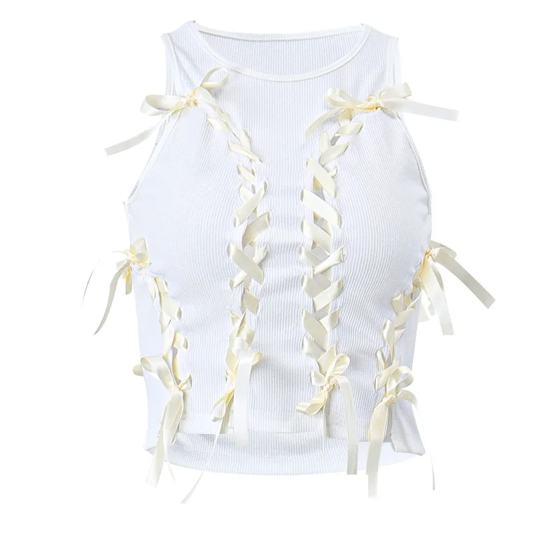 Brownm Brownm 2023 Hot Style Fashion Round Collar Hollow Out Cross-Tie Bow Short Sleeveless Vest
