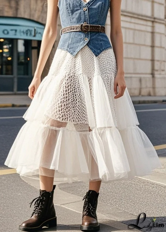 Casual Denim Blue Cinched Patchwork Tulle Vacation Dresses Summer