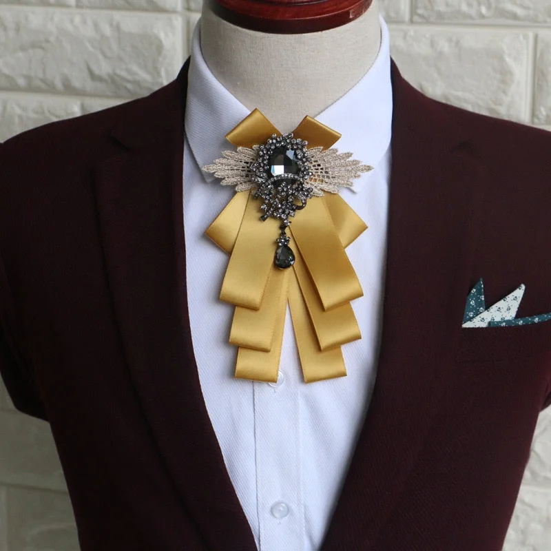 New Bow Tie Vintage Rhinestone Handmade Ribbon Brooch Bowtie Elegant Jewelry Collar Pin Cravat Wedding Accessories Pocket Square