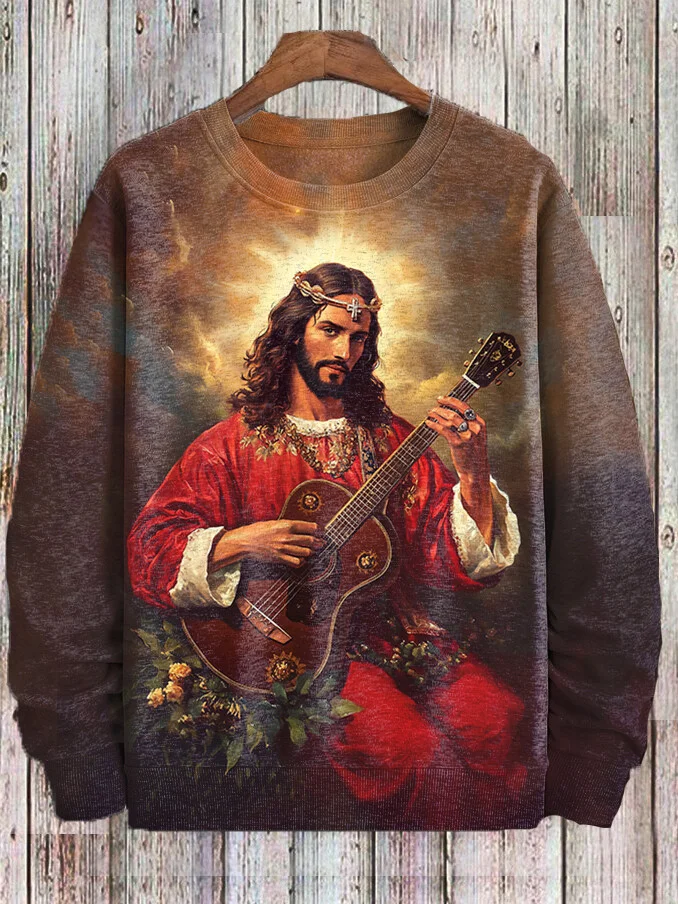 Men's Jesus Playing Guitar And Flowers Print Casual Sweatshirt