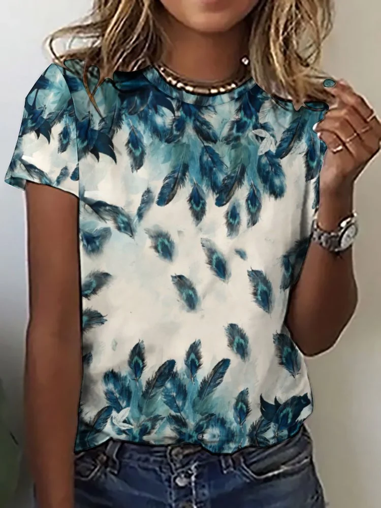 Printed Short Sleeve Casual T-shirt for  Women and Men Unisex Pattern Feather, Green