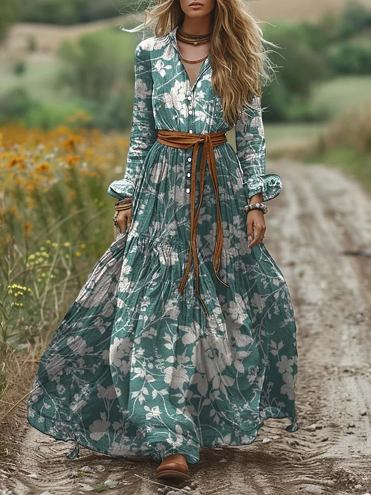 Women's Shirt Collar Vintage Print Long Sleeve Dress Pocket Cotton Dress
