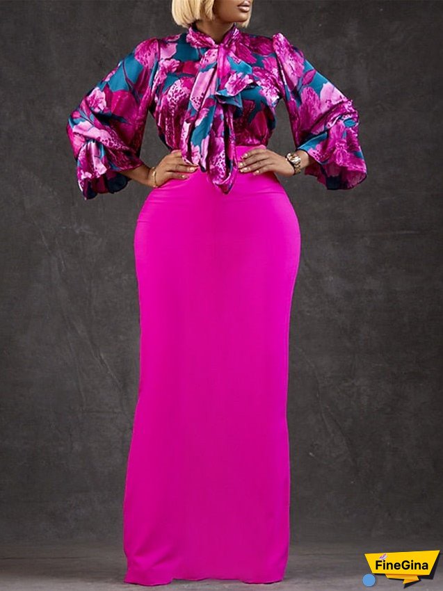 Work Dress Two Piece Dress Sheath Dress Long Dress Maxi Dress Pink Blue Fuchsia Long Sleeve Floral Lace up Winter Fall Spring Stand Collar Fashion S M L XL 2XL 3XL for Women