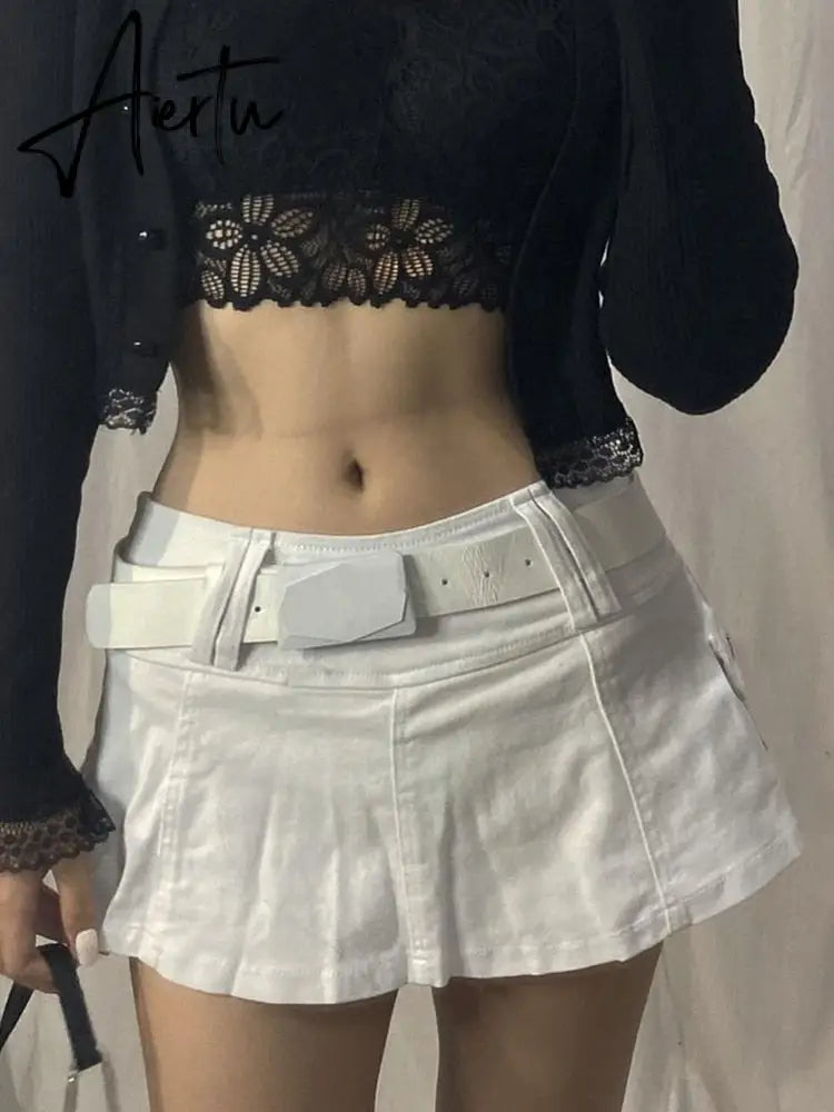 Goth Denim Cargo Skirts With Shorts Streetwear Women Fashion Summer Low Rise A-Line Pleated Skirts Y2k Aesthetic Outfits Aiertu