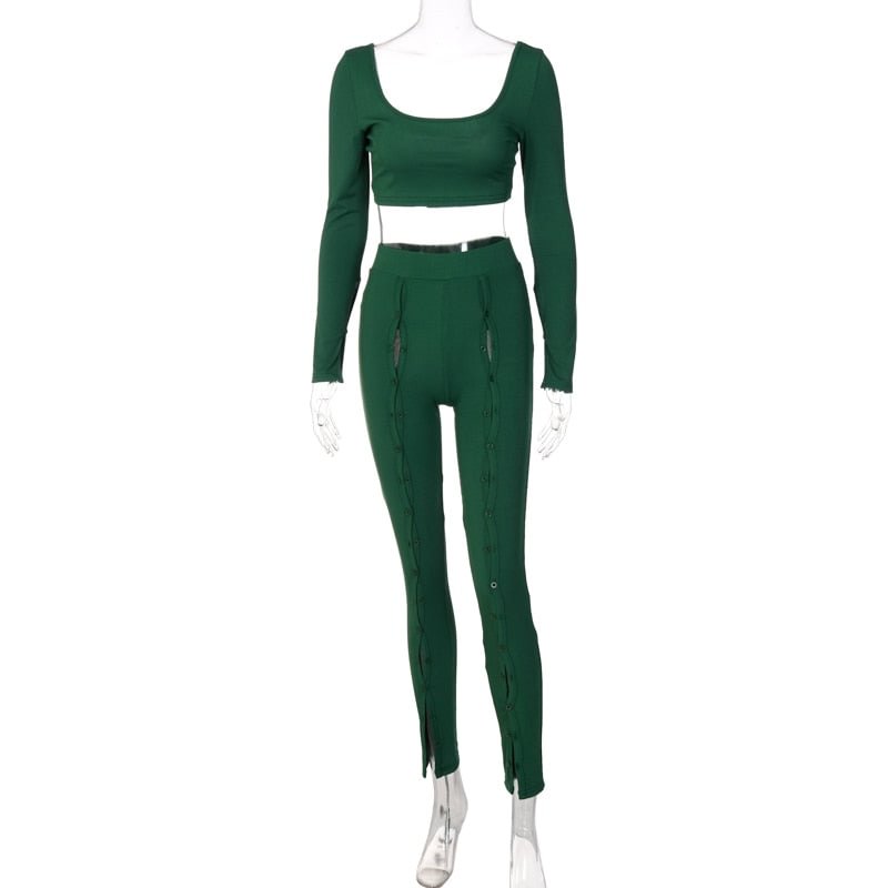 Hawthaw Women Autumn Winter Long Sleeve Crop Tops Long Pants Green Two Piece Set Suit Outfit 2021 Fall Clothes Wholesale Items