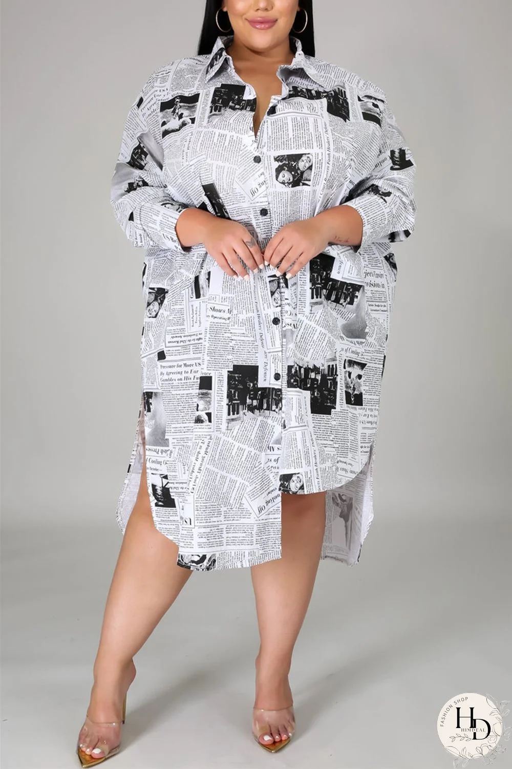 Multi Fashion Casual Plus Size Turndown Collar Long Sleeve Regular Sleeve Print Printed Dress