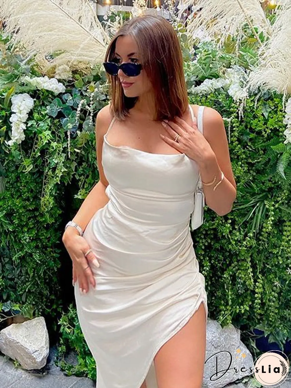 Maxi Dress Backless Lace Split Swinging Neck Ruched Asymmetrical Slip Robe Femme Sexy