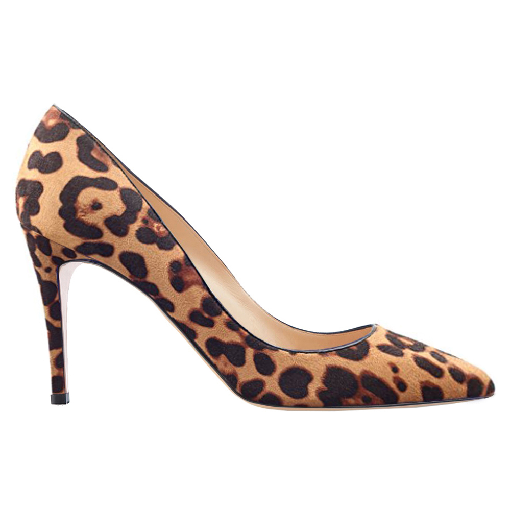 90mm Middle Heels Pointy Toe Pumps Leopard Suede-vocosishoes